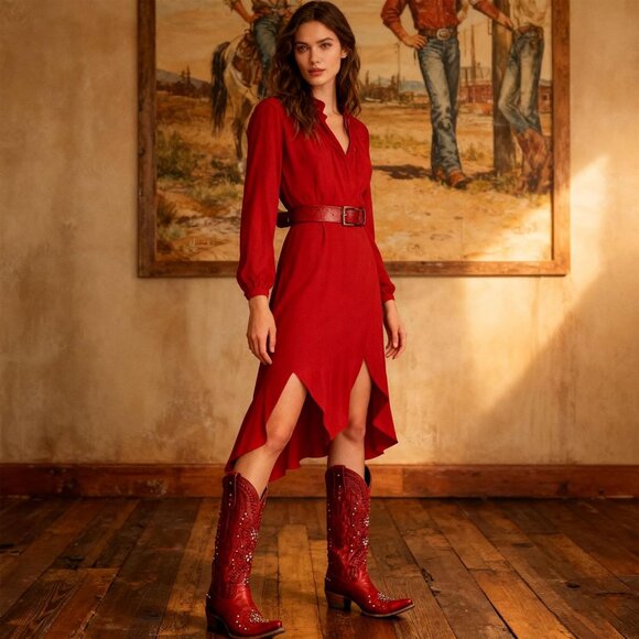 Women's Red Vintage Embroidered Western Pointed Toe Chunky Heel Zipper Boot - Picture 4 of 7